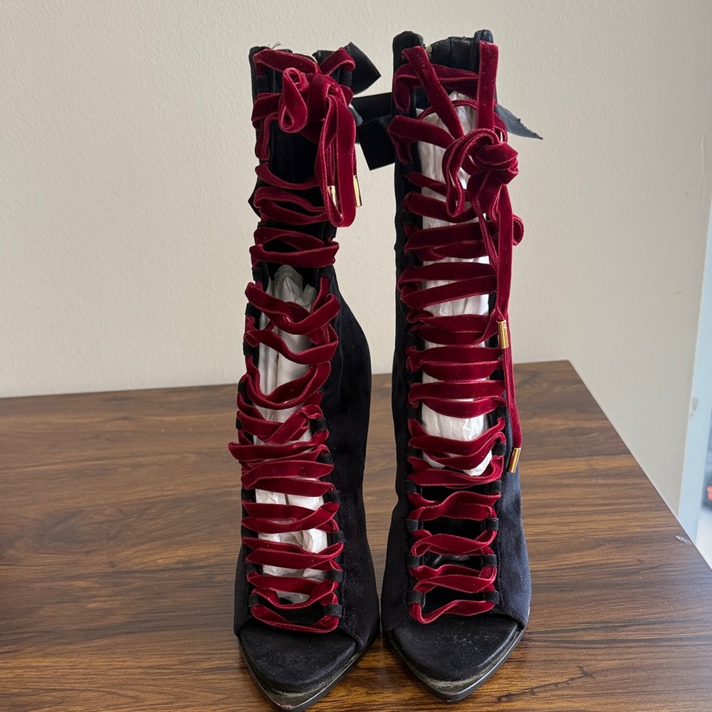 D. Squared black velvet lace up booties with peep toe